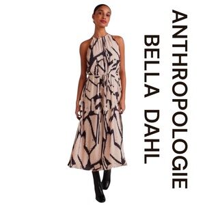 BELLA DAHL Pleated Halter Midi Dress, Ivory & Black Mosaic Print, Size S.